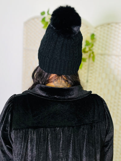 Black Knit Faux Fur Pom Hat