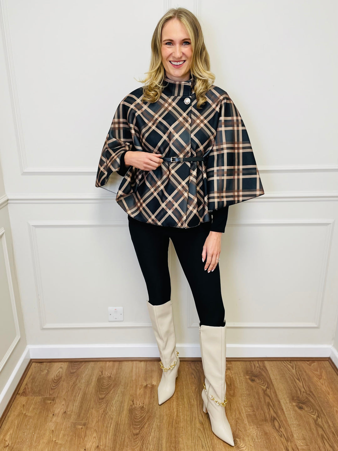 "LORELAI" Check Print Cape Coat-Black & Tan