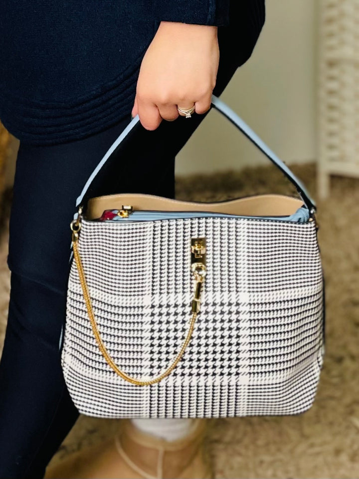 No.44 Dogtooth Print Handbag-White & Blue