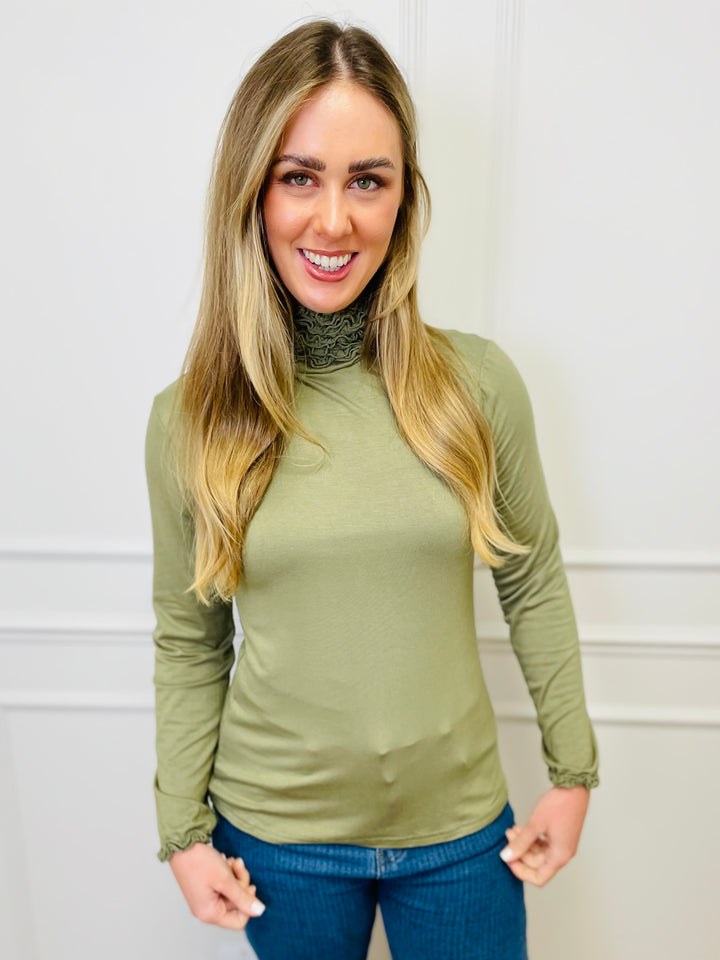 "LIVIA" Ruffle Polo Neck Top-Green