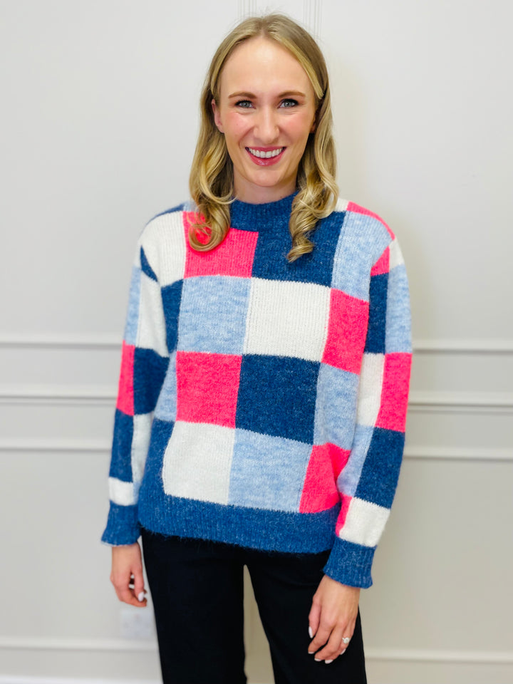 "FRANCESCA" Block Print Jumper-Blue/Pink & White