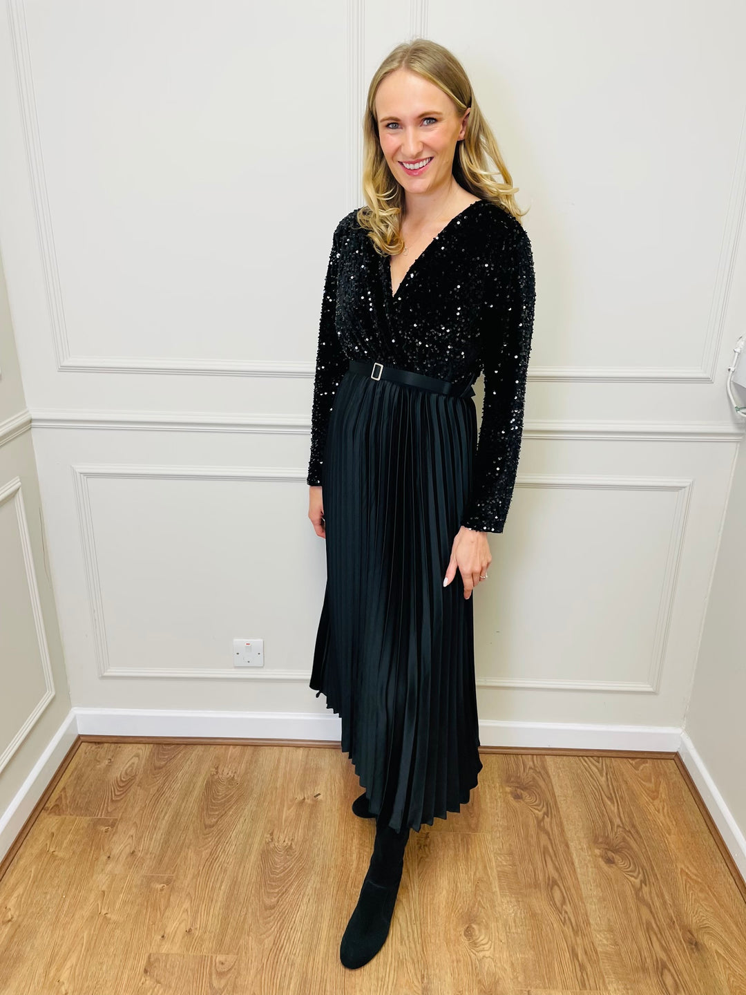 "ROSALIE" Pleated Dress-Black