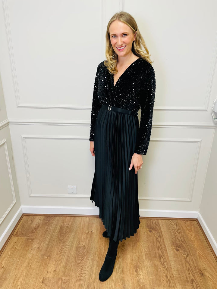 "ROSALIE" Pleated Dress-Black