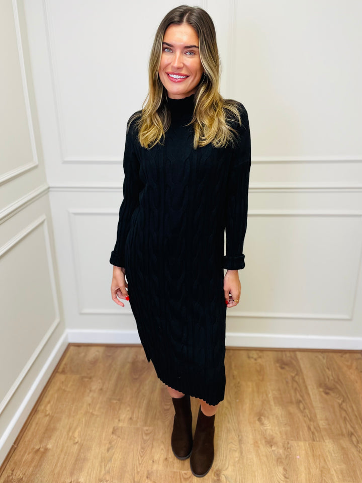 "ELY" Cable Knit Midi Dress-Black