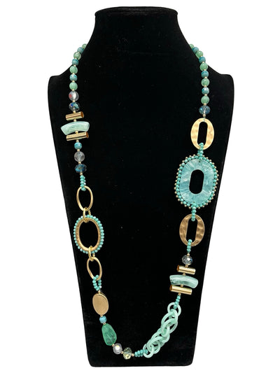 Mint Green & Gold Long Statement Necklace