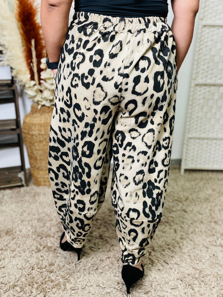 "FRANKIE" Animal Print Trousers-Stone & Black