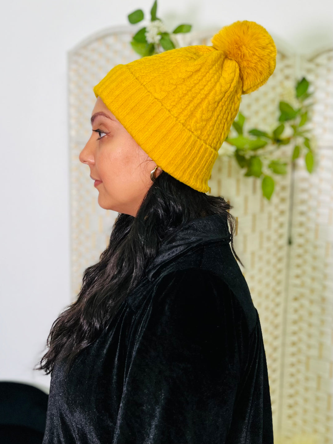 Mustard Knit Faux Fur Pom Hat