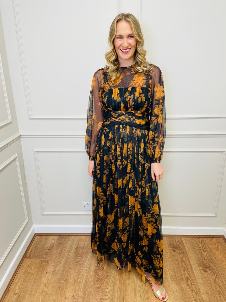 "STACEY" Chiffon Floral Dress-Black & Orange