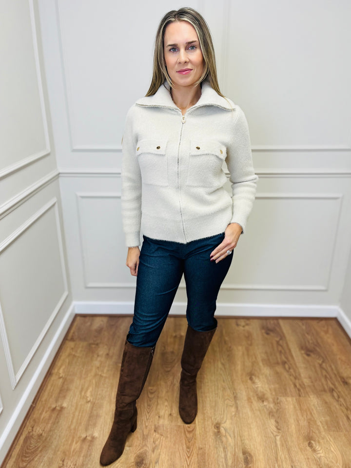 "ERICA" Zip Bomber Jacket-Cream