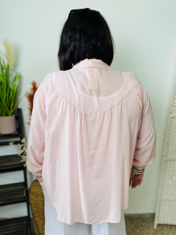 “ELOISE” Ruched Cotton Shirt-Blush Pink