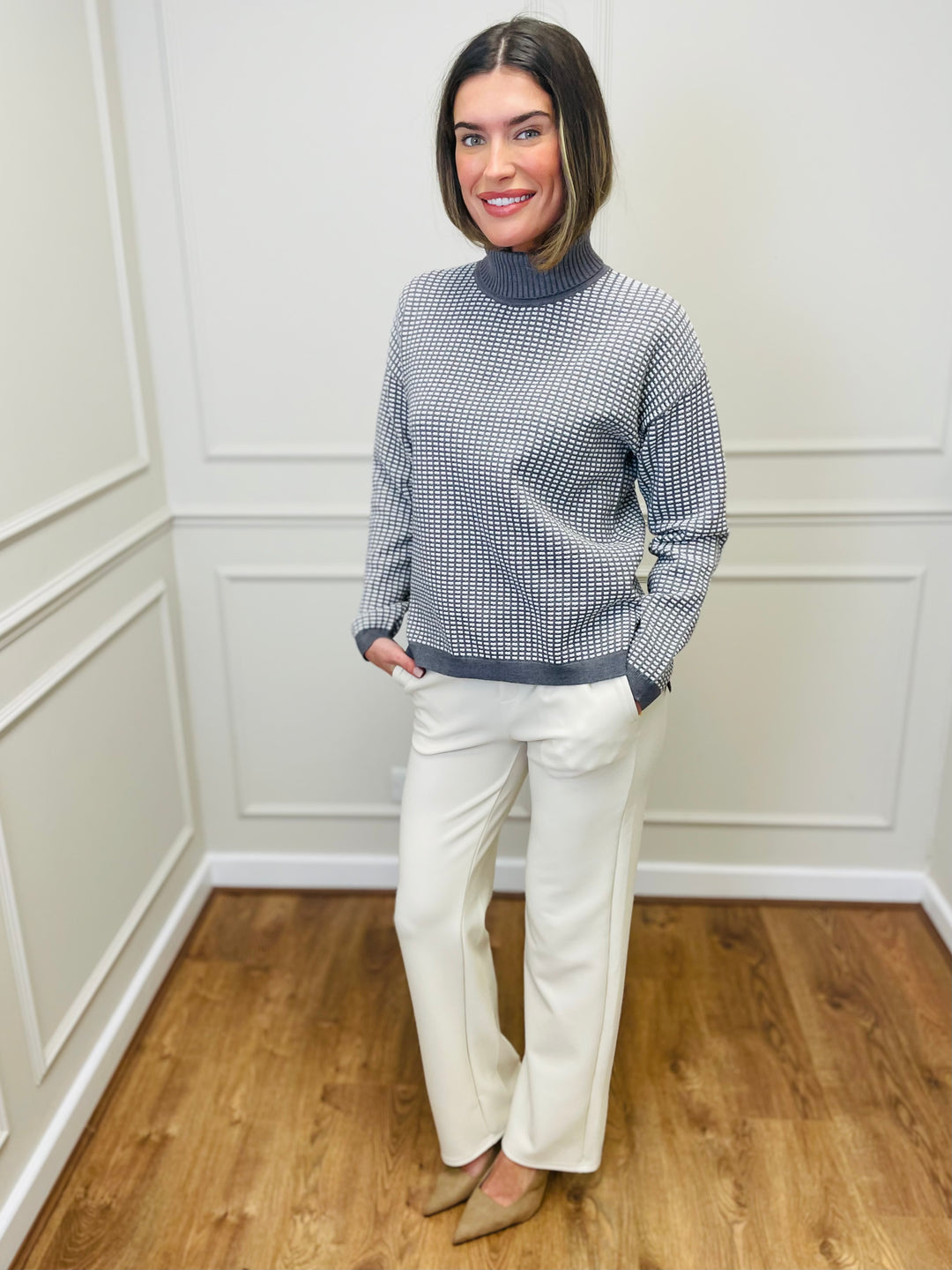 "CELINE" Geometric Print Jumper-Grey & White