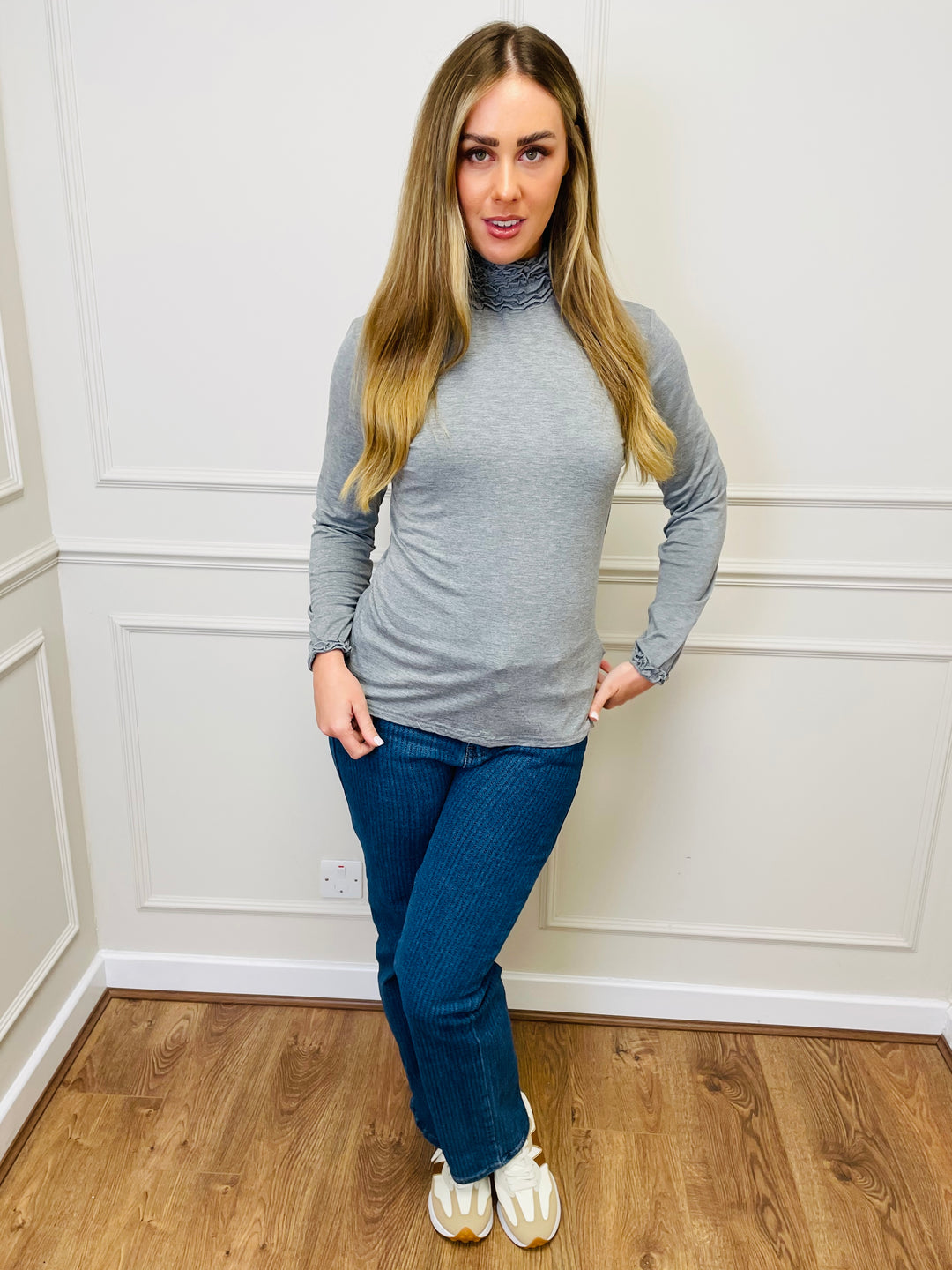 "LIVIA" Ruffle Polo Neck Top-Silver