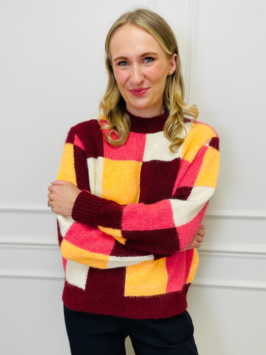 "FRANCESCA" Block Print Jumper-Burgundy, Yellow & Pink