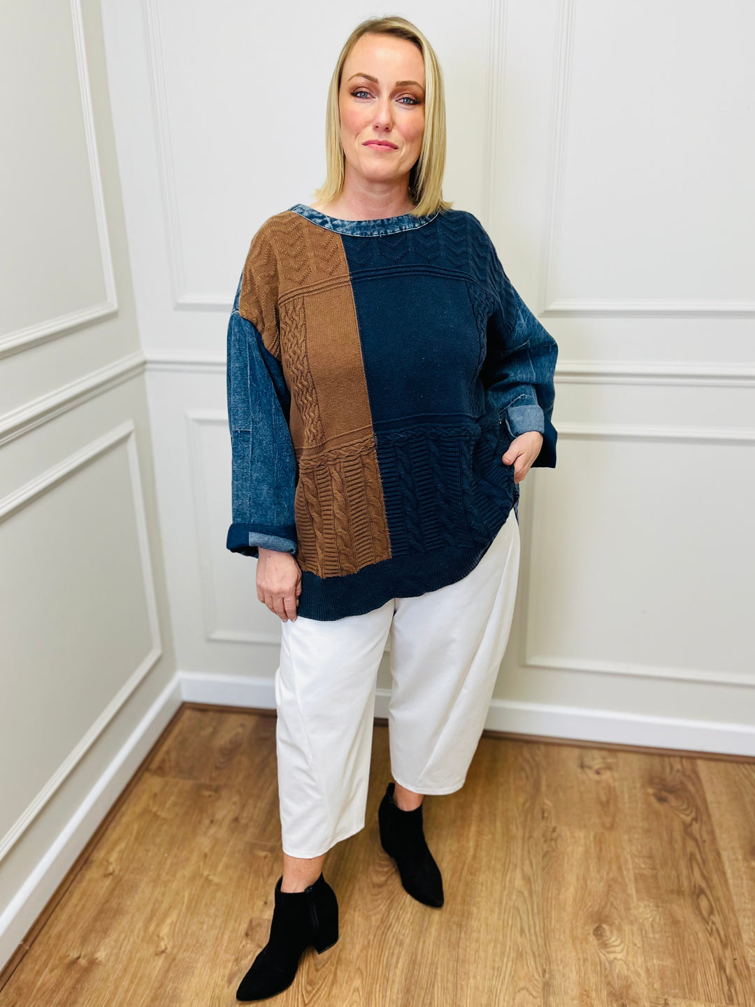 "LACEY" Patchwork Jumper-Denim & Tan