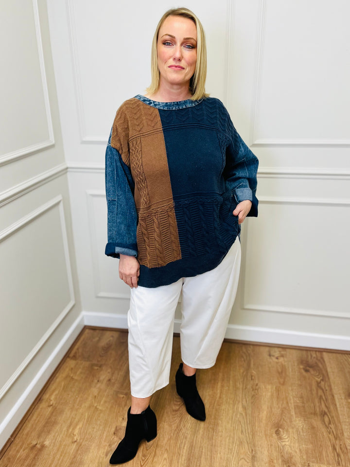 "LACEY" Patchwork Jumper-Denim & Tan