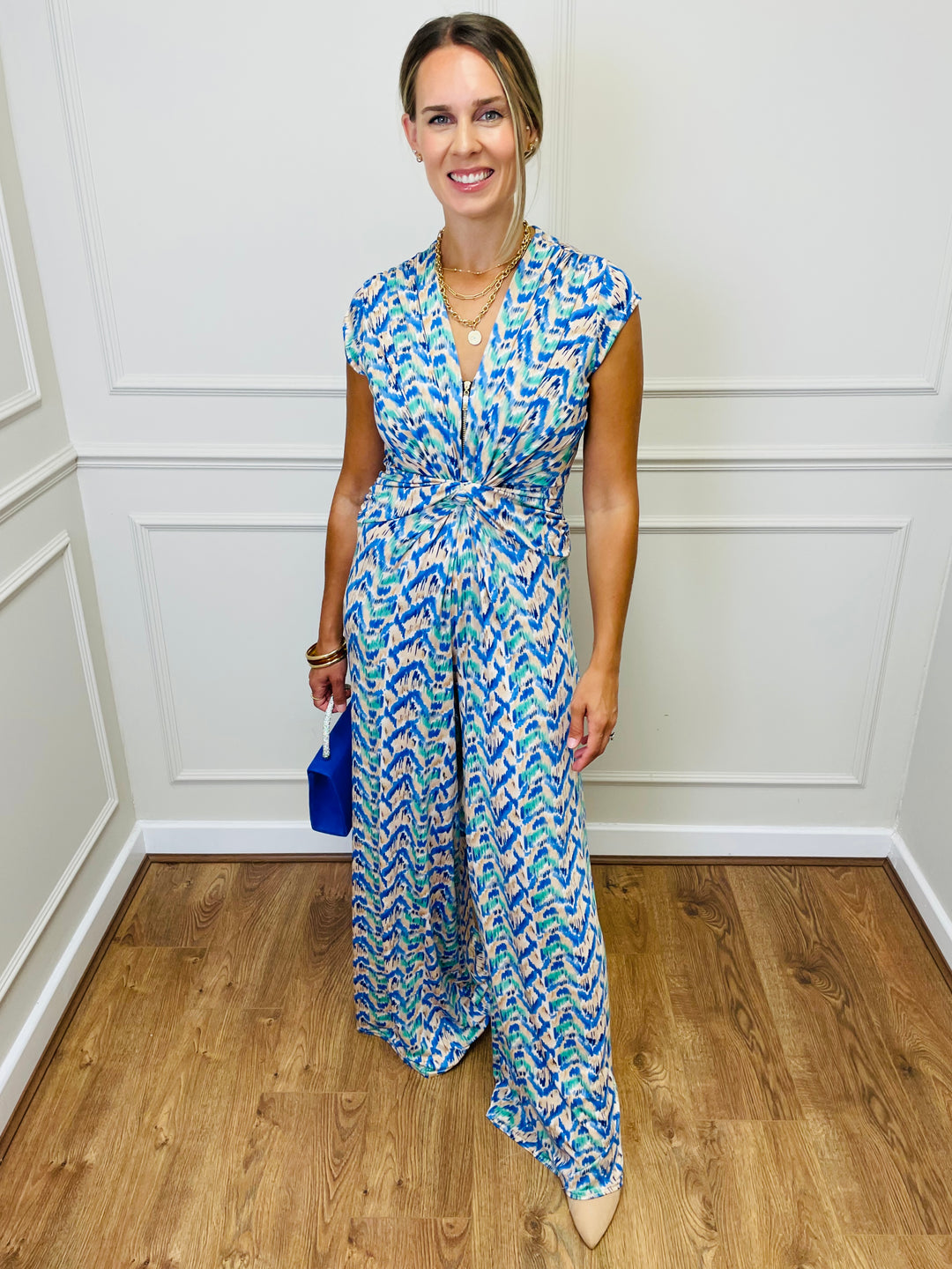 "CHLOE" Artistic Print Jumpsuit-White & Blue