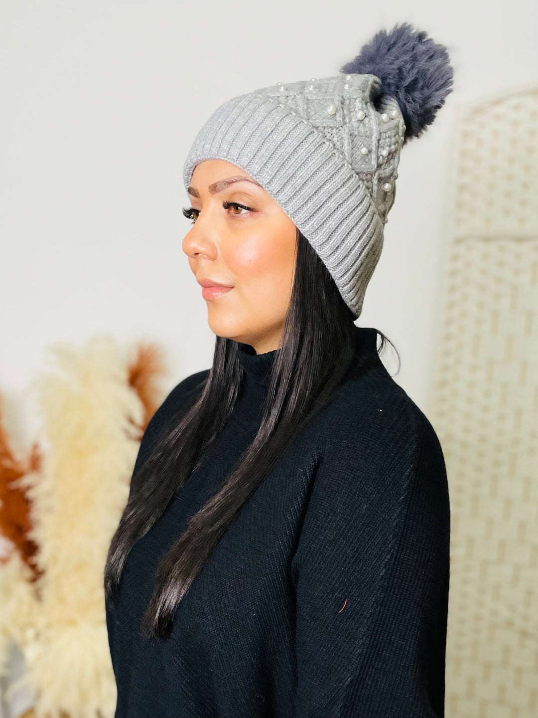 Pearl & Faux Fur Pom Hat-Silver