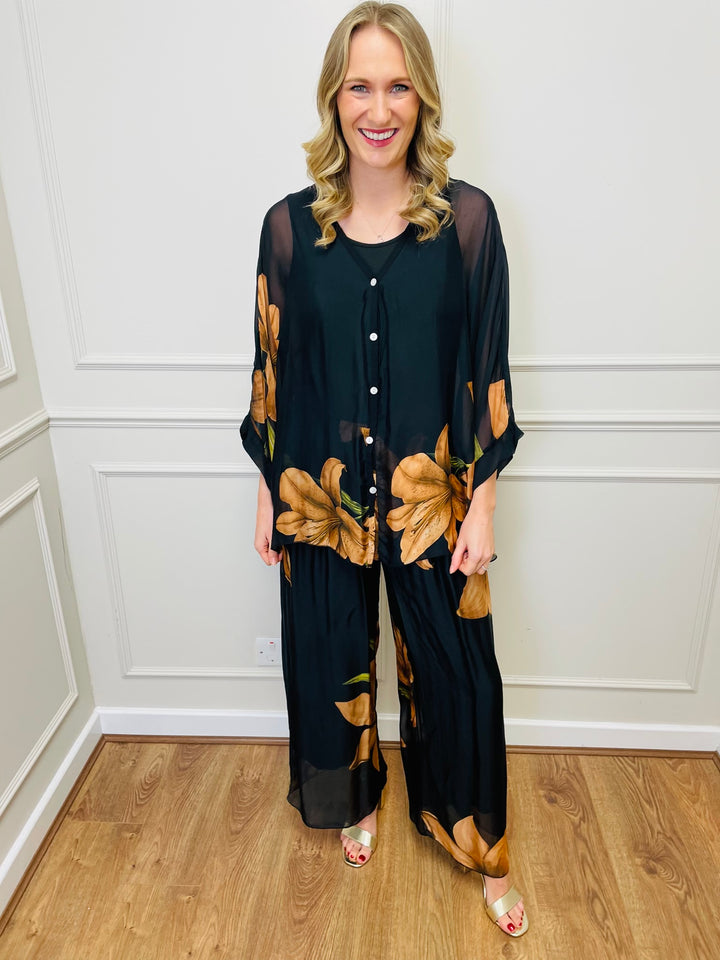 Floral Chiffon Co-Ord Set-Black & Orange