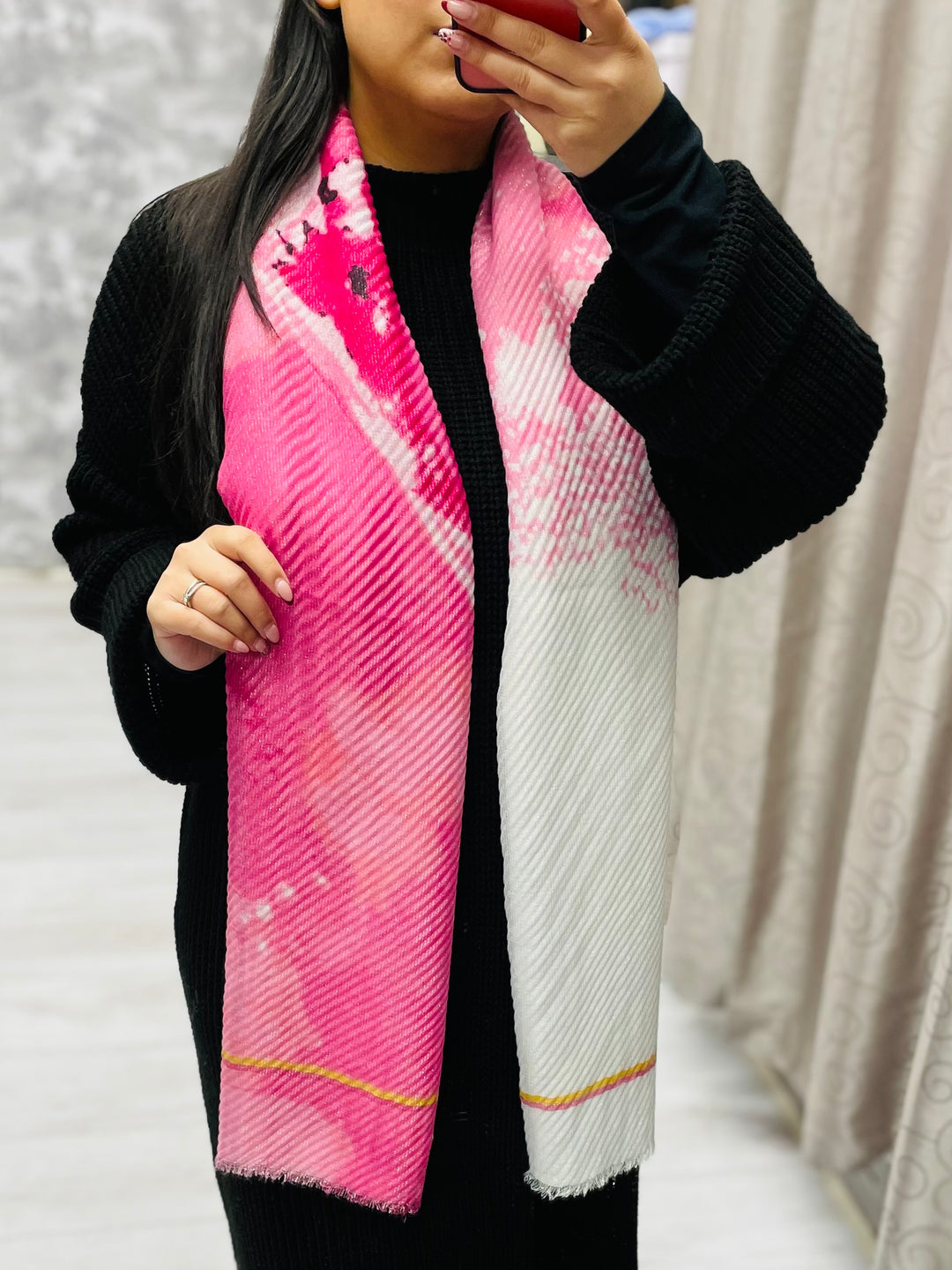 No.87 Artistic Print Scarf-Pink & White