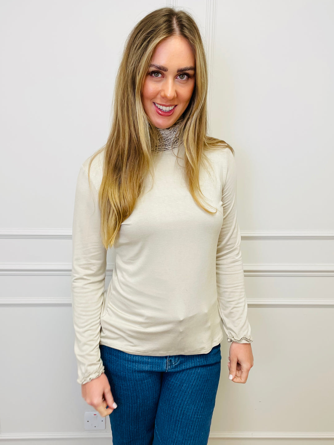 "LIVIA" Ruffle Polo Neck Top-Cream