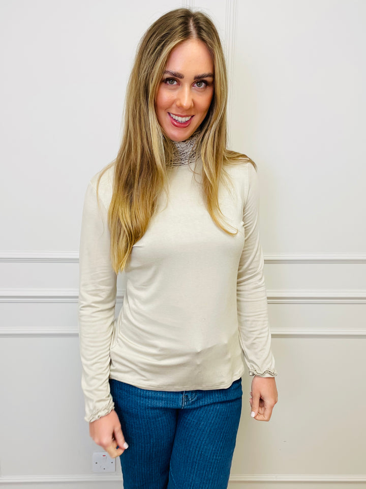 "LIVIA" Ruffle Polo Neck Top-Cream