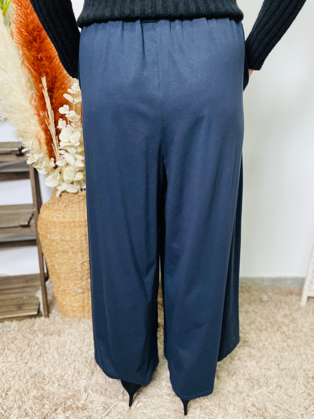 "ALEX" Wide Leg Cotton Trousers-Navy