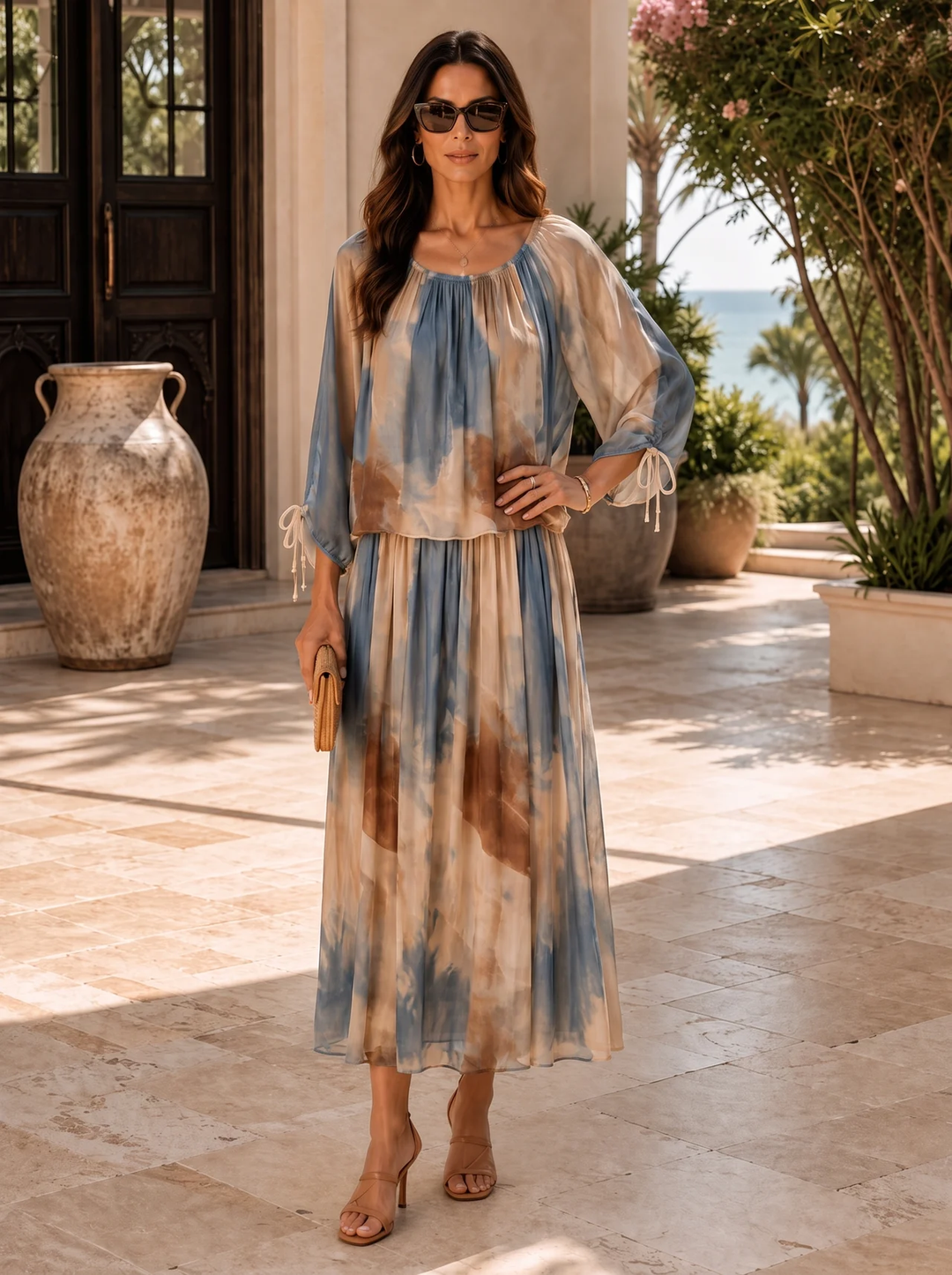“NAOMI” Watercolour Print Layered Maxi Dress