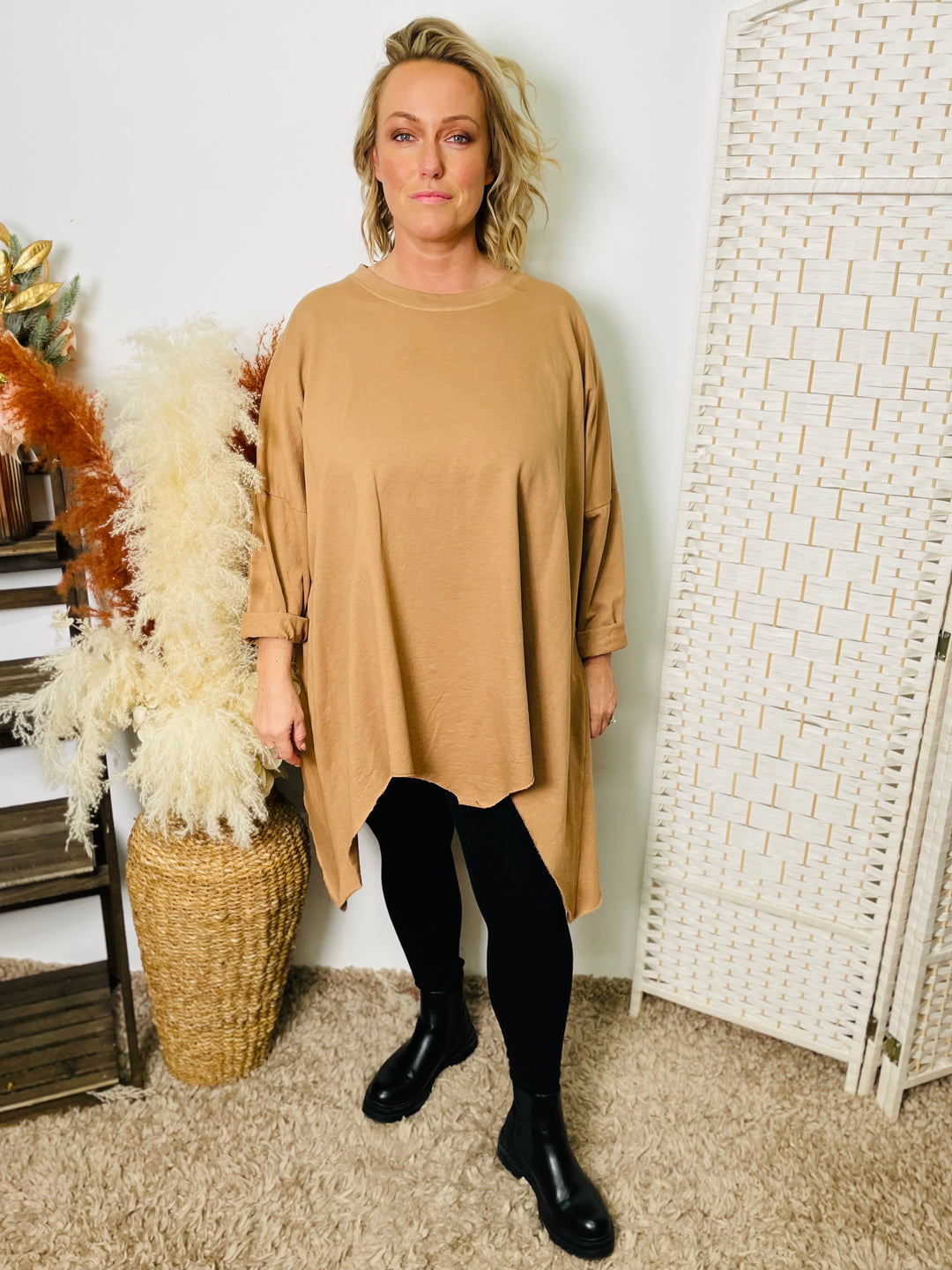 "DEBBIE" Hanky Hem Sweat Top-Camel