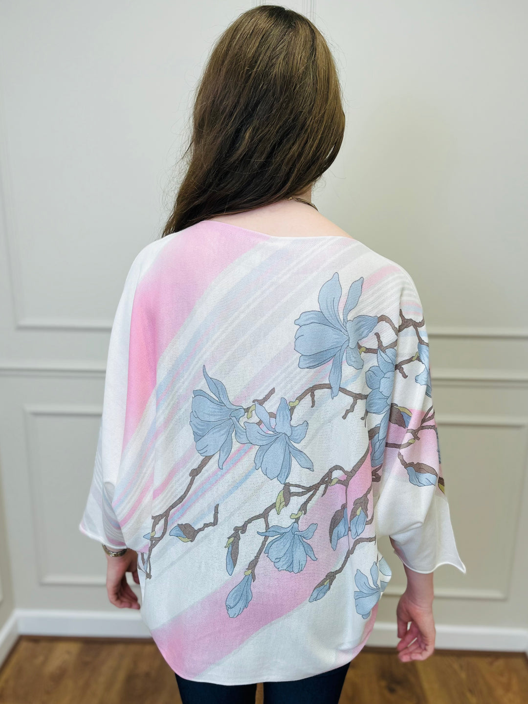 "SPRING" Floral Print Fine Knit-Cream & Pink
