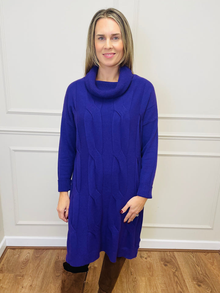 "BELINDA" Cable Knit Roll Neck Dress-Purple
