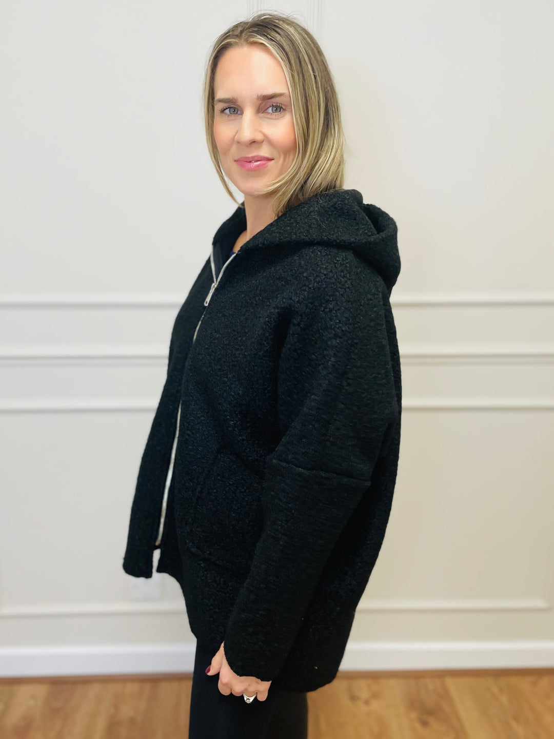 "ARLENE" Hooded Zip Coat-Black