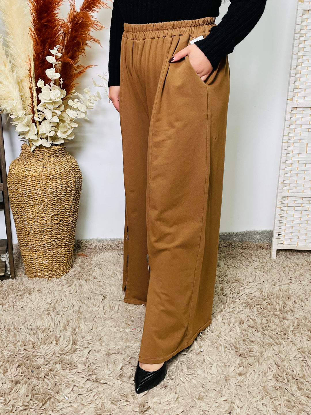 "MAGGIE" Wide Leg Cotton Trousers-Tan