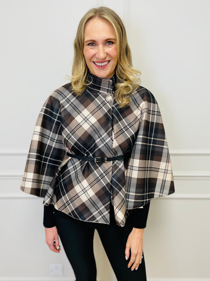 "LORELAI" Check Print Cape Coat-Cream & Brown