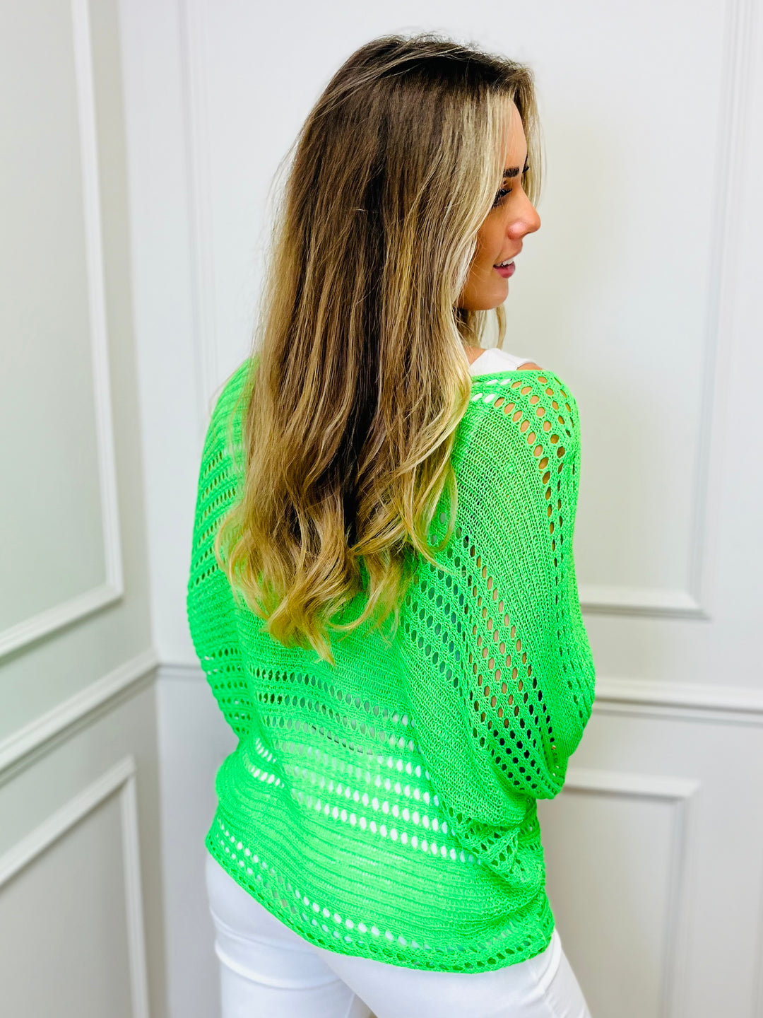 "ALLISON" Open Knit Top-Neon Green