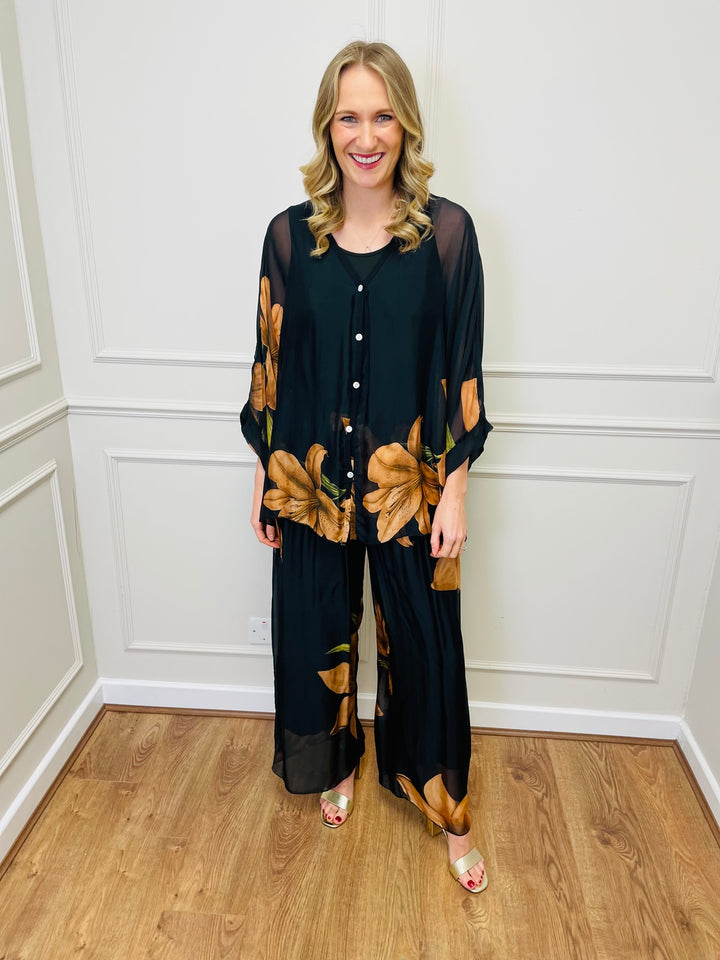 Floral Chiffon Co-Ord Set-Black & Orange