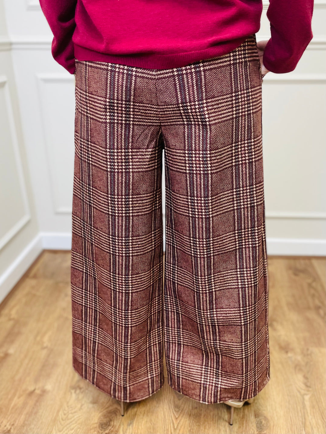 "ALANI" Check Print Trouser-Burgundy/Cream & Navy