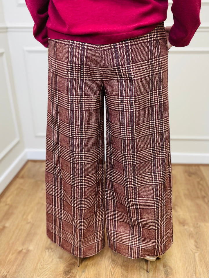 "ALANI" Check Print Trouser-Burgundy/Cream & Navy