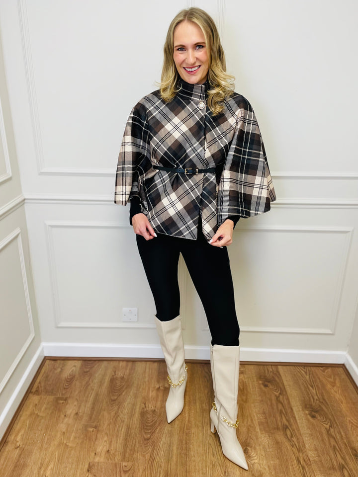 "LORELAI" Check Print Cape Coat-Cream & Brown