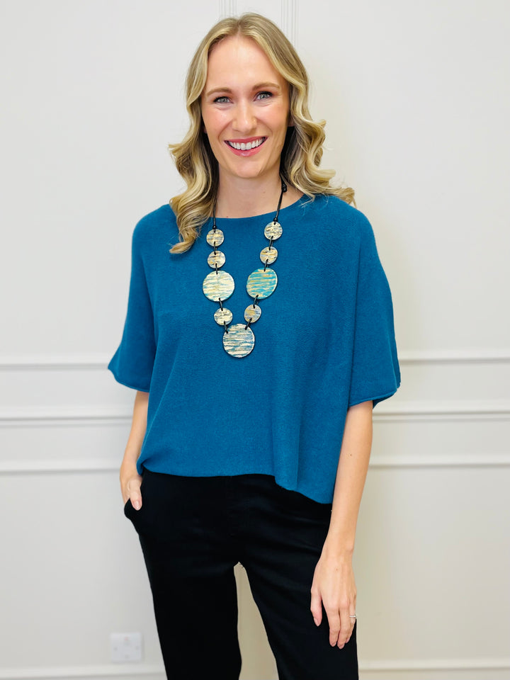 "ALICE” Short Sleeve Fine Knit-Teal