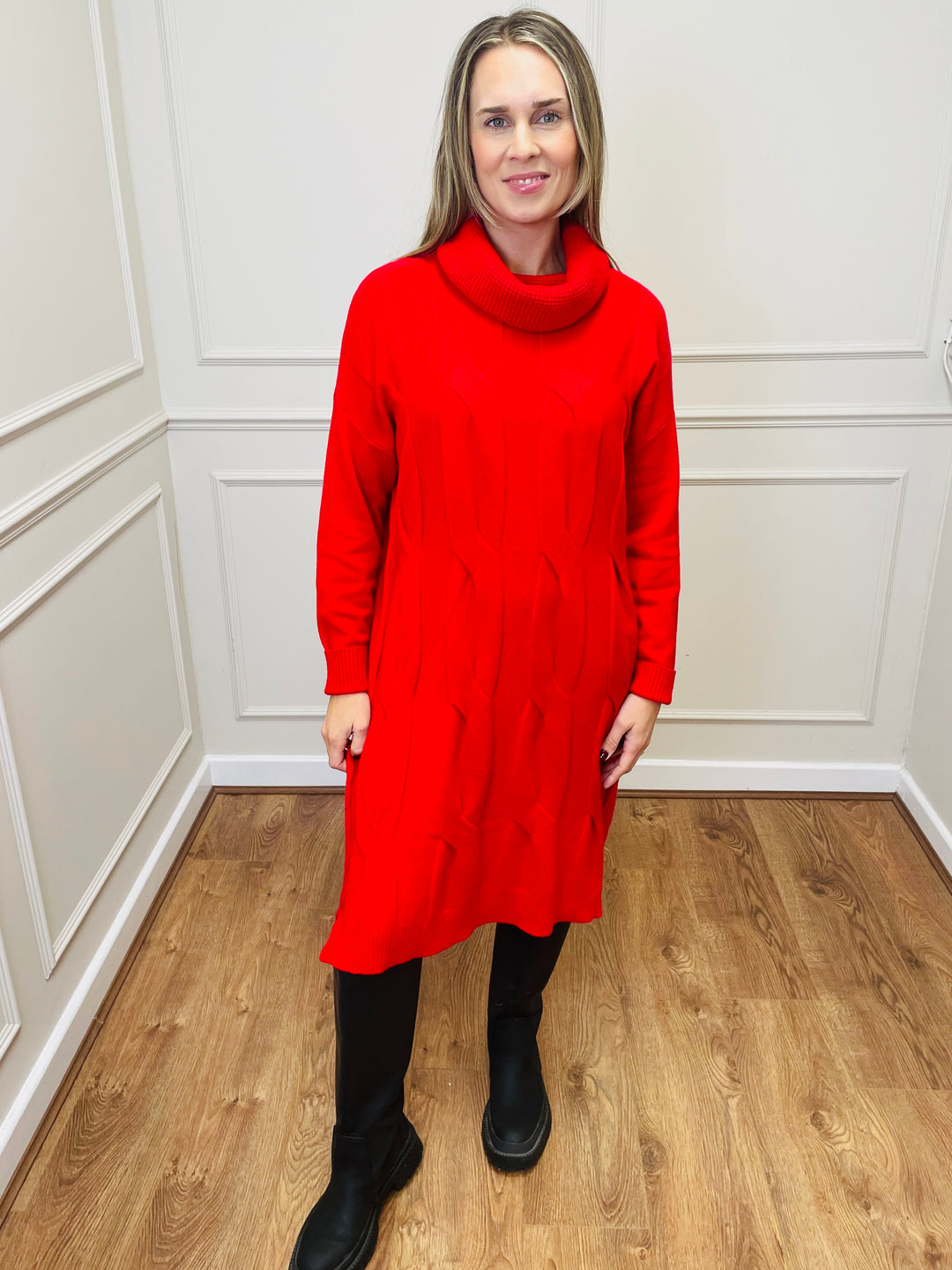 "BELINDA" Cable Knit Roll Neck Dress-Red