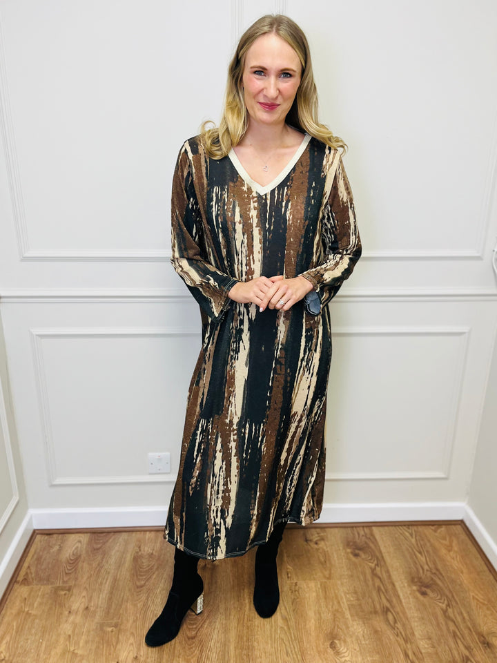 "SANDY" Artistic Print Maxi Dress-Brown