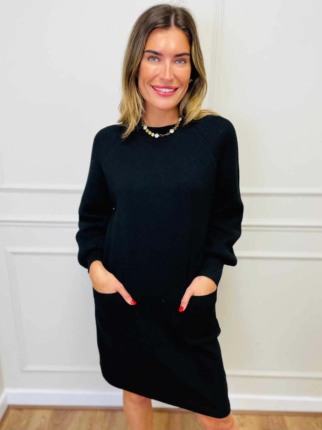 "TAYLOR" Pocket Knit Midi Dress-Black