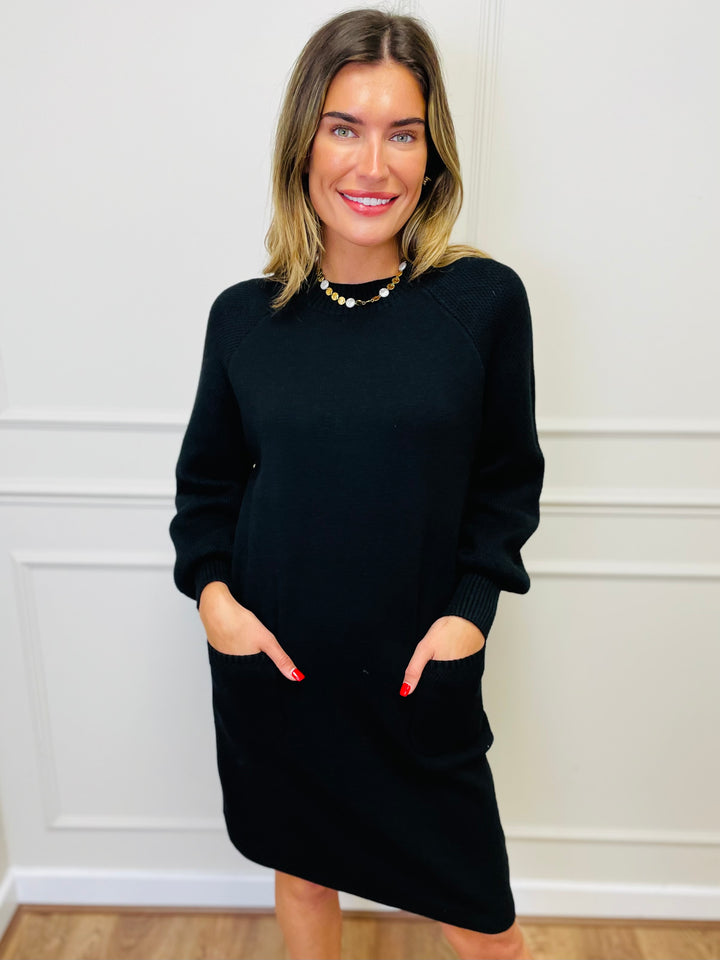"TAYLOR" Pocket Knit Midi Dress-Black