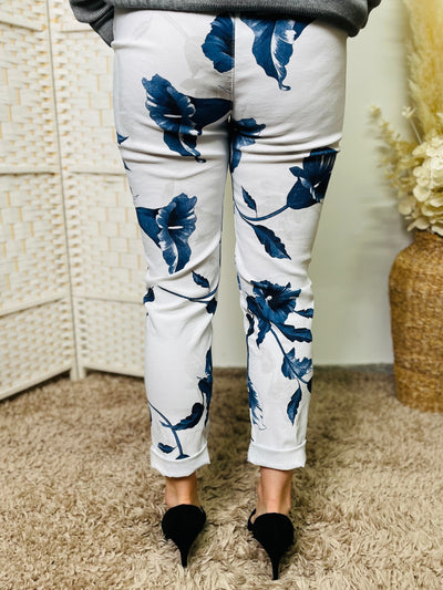 "CARMELA" Floral Print Trouser-White & Navy