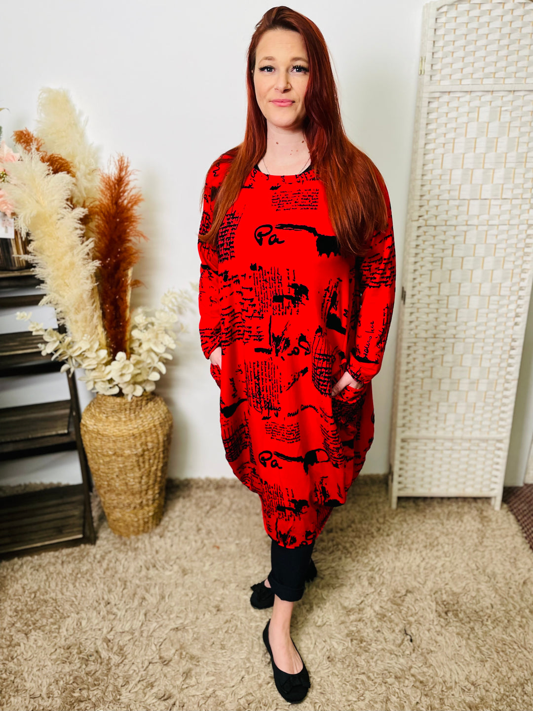 "RUTH" Artistic Print Tunic/Dress-Red