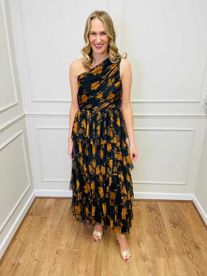 "STACEY" One Shoulder Tiered Dress-Black & Orange