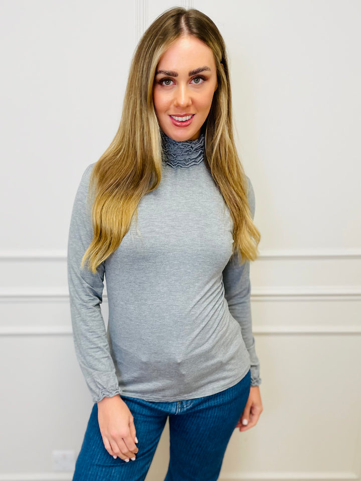 "LIVIA" Ruffle Polo Neck Top-Silver