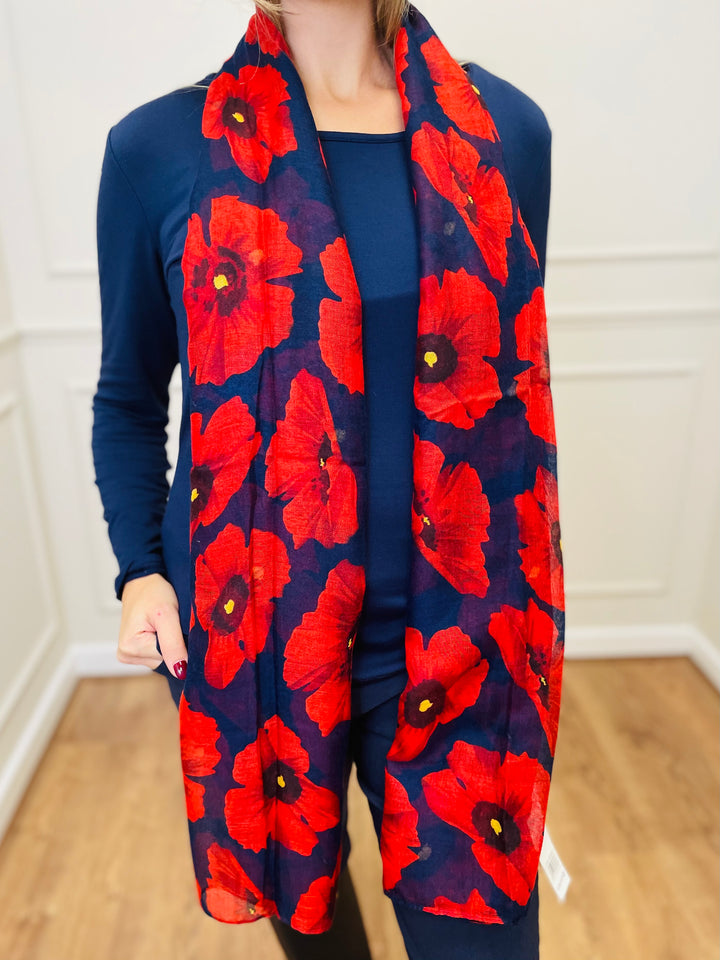 No.119 Poppy Print Scarf-Navy & Red
