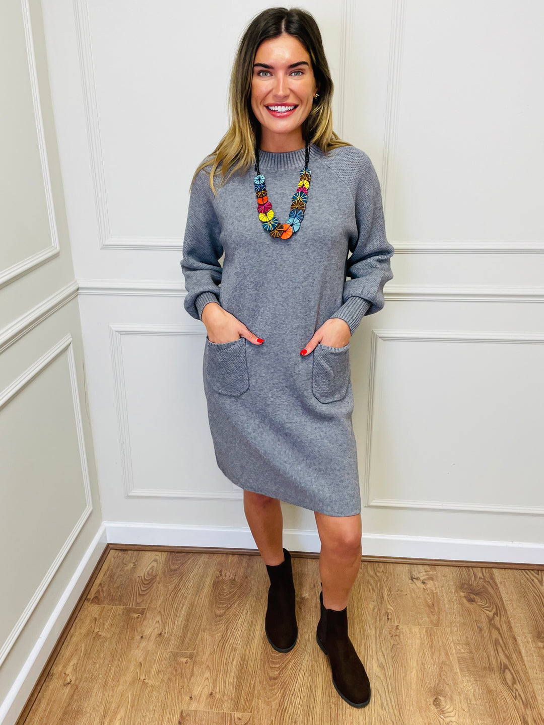 "TAYLOR" Pocket Knit Midi Dress-Silver