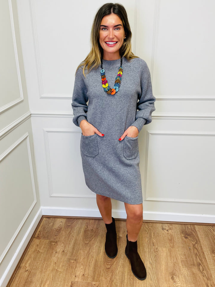 "TAYLOR" Pocket Knit Midi Dress-Silver